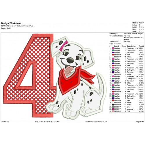 101 Dalmatian 4th Birthday Applique Design