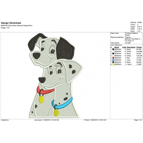 101 Dalmatians Fill Stitch Embroidery Design