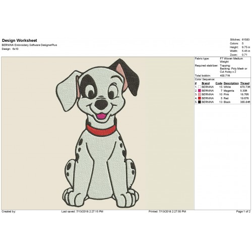 101 Dalmatians Puppy Embroidery Design