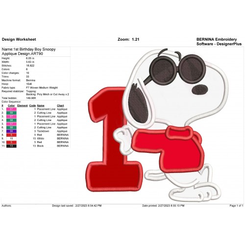 1st Birthday Boy Snoopy Applique Design