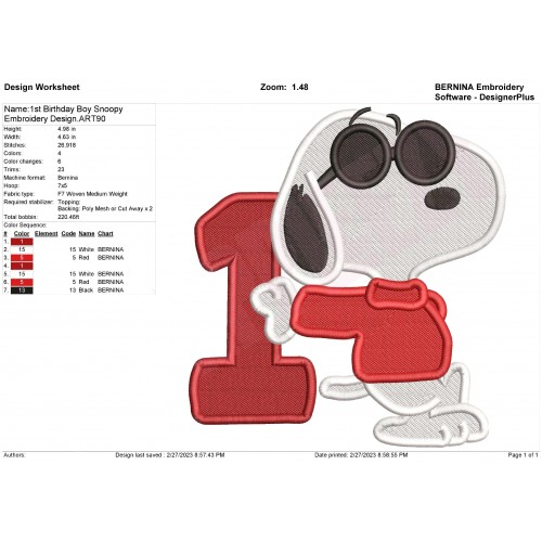 1st Birthday Boy Snoopy Embroidery Design