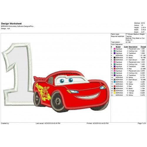 1st Birthday Lightning Mcqueen Applique Design