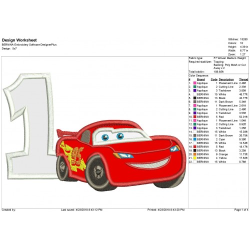 1st Birthday Lightning Mcqueen Applique Design