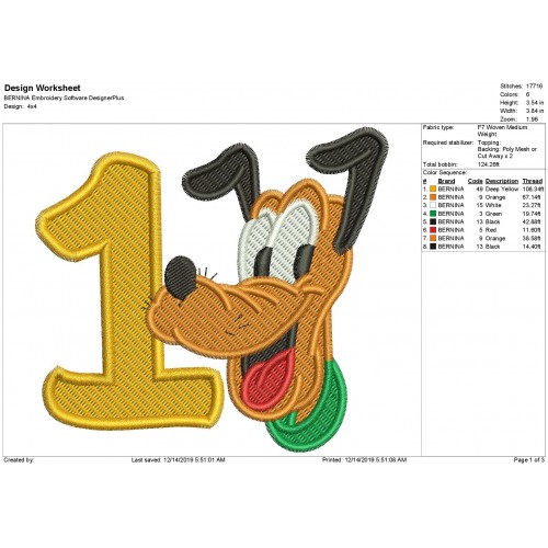 1st Birthday Pluto Fill Stitch Embroidery Design