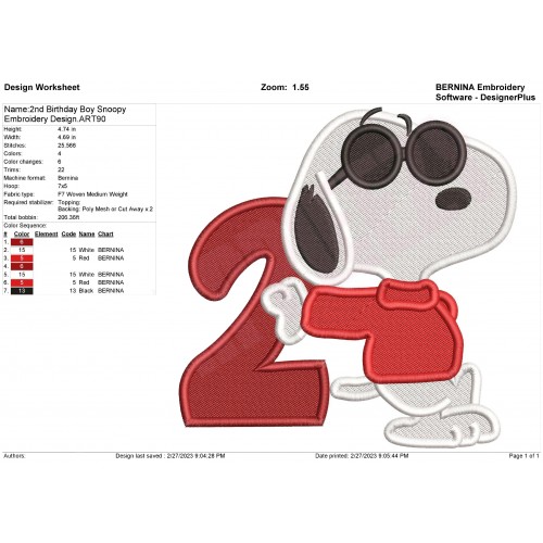 2nd Birthday Boy Snoopy Embroidery Design