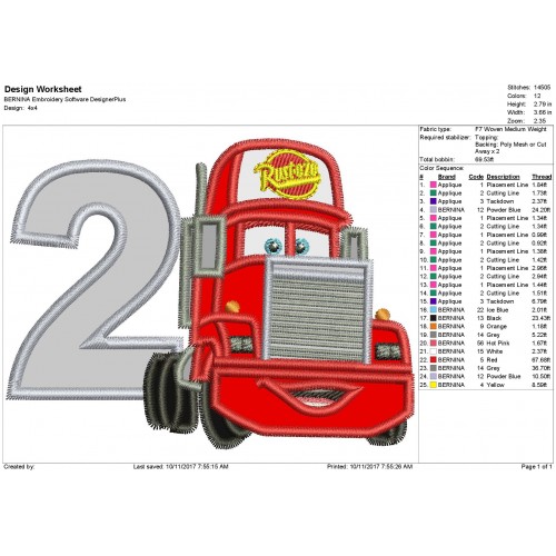 2nd Birthday Mack Truck Disney Cars Applique Design