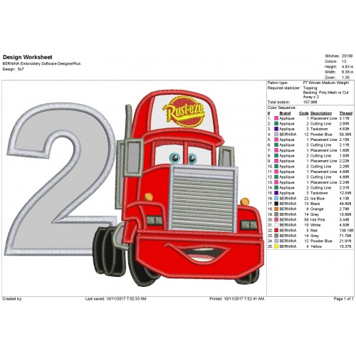 2nd Birthday Mack Truck Disney Cars Applique Design