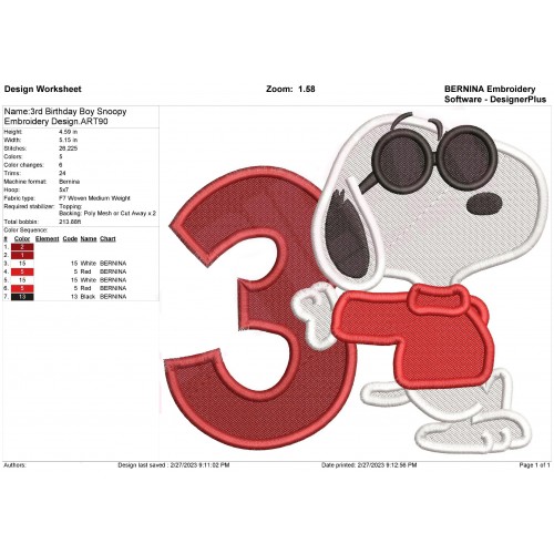 3rd Birthday Boy Snoopy Embroidery Design