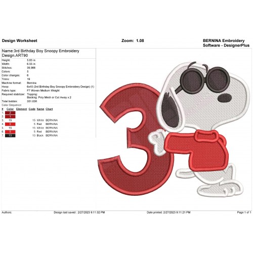 3rd Birthday Boy Snoopy Embroidery Design