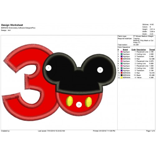 3rd Birthday Mickey Number 3 Applique Design