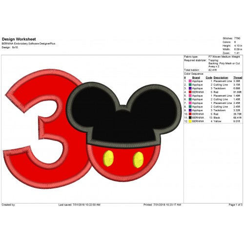 3rd Birthday Mickey Number 3 Applique Design