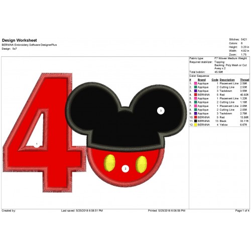 4th Birthday Mickey Number 4 Applique Design