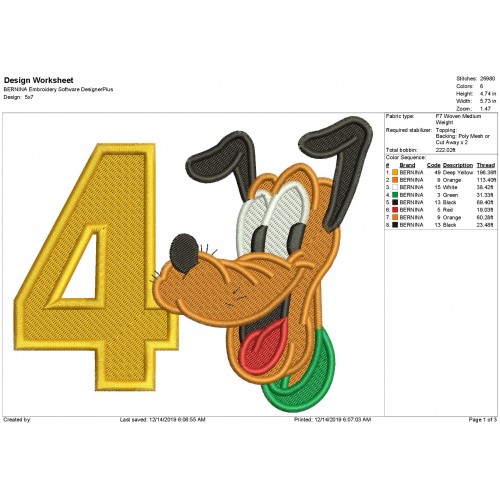 4th Birthday Pluto Fill Stitch Embroidery Design