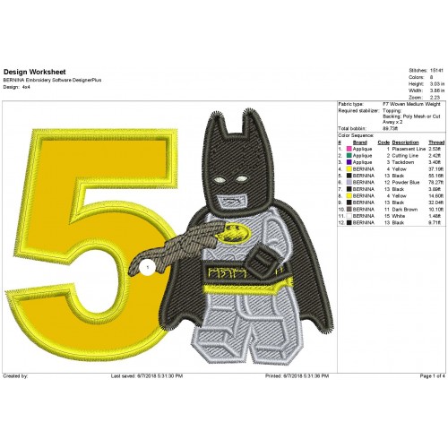 5th Birthday Lego Batman Filled Embroidery Design