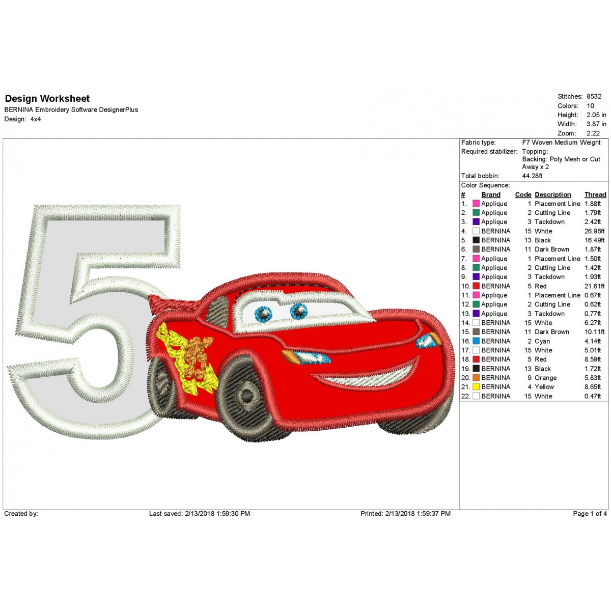 5th Birthday Lightning Mcqueen Applique Design