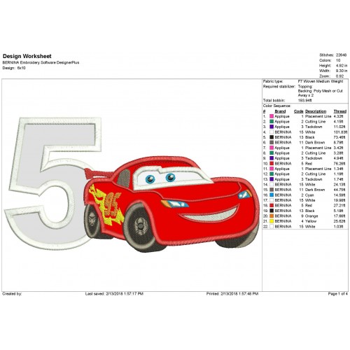 5th Birthday Lightning Mcqueen Applique Design