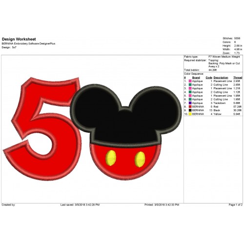 5th Birthday Mickey Number 5 Applique Design