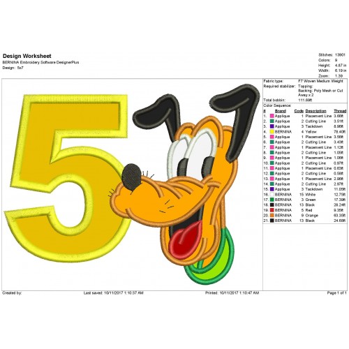 5th Birthday Pluto Applique Design