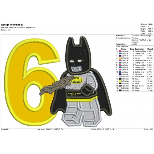 6th Birthday Lego Batman Applique Design