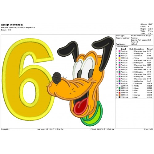 6th Birthday Pluto Applique Design