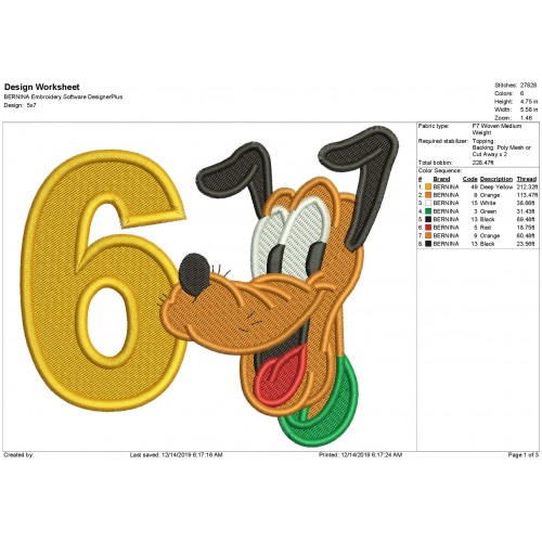 6th Birthday Pluto Fill Stitch Embroidery Design