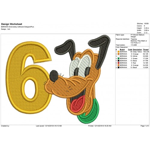 6th Birthday Pluto Fill Stitch Embroidery Design