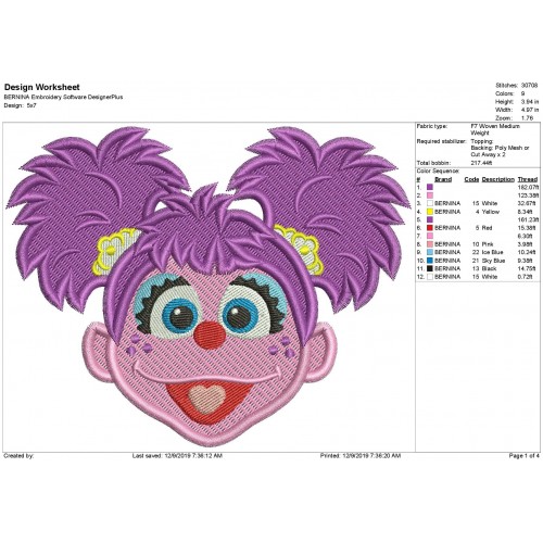 Abby Cadabby Face Fill Stitch Embroidery Design