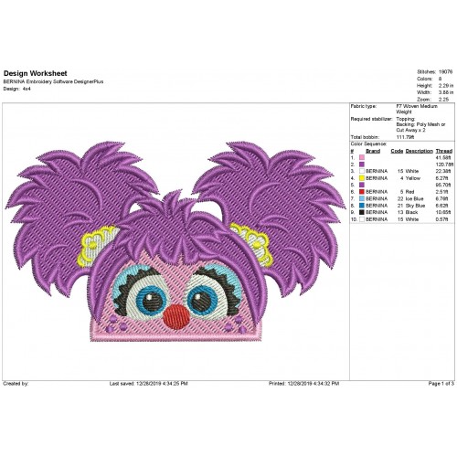 Abby Cadabby Half Face Fill Stitch Embroidery Design