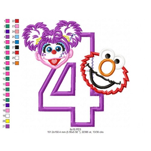 Abby and Elmo 4th Birthday Applique Design