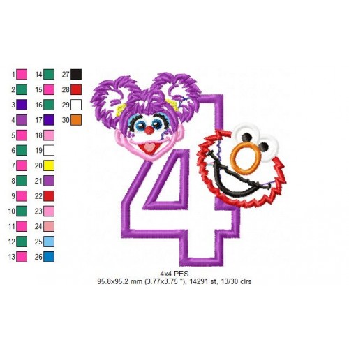 Abby and Elmo 4th Birthday Applique Design