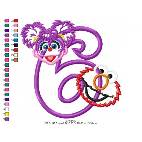 Abby and Elmo 6th Birthday Applique Design