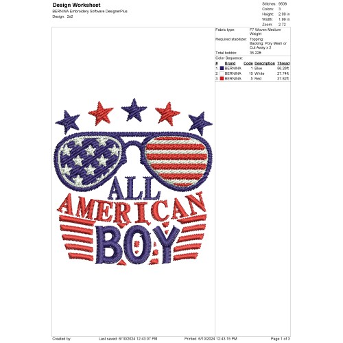 All American Boy 4th of July Embroidery Design