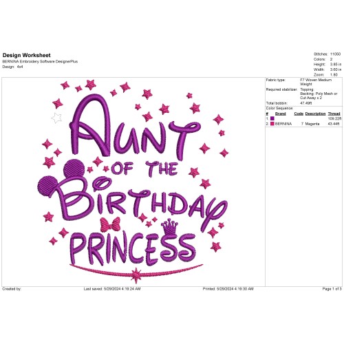 Aunt Of The Birthday Princess Embroidery Design