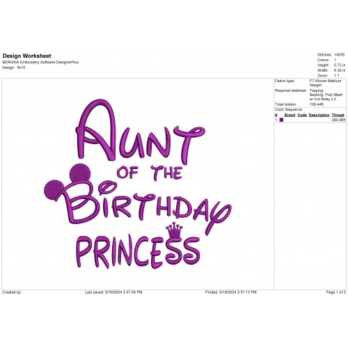 Aunt Of The Birthday Princess Machine Embroidery Design