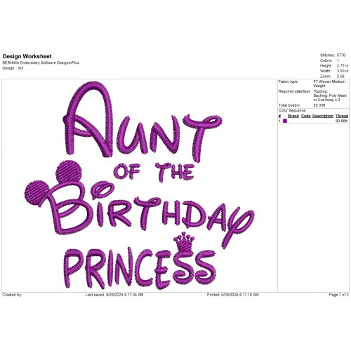 Aunt Of The Birthday Princess Machine Embroidery Design