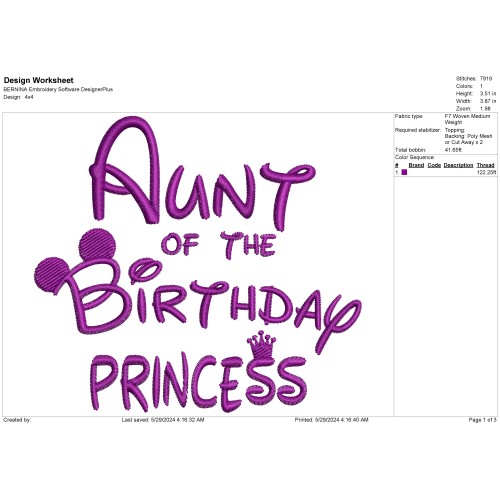 Aunt Of The Birthday Princess Machine Embroidery Design
