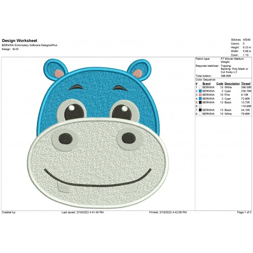 BabyBus Hank the Hippo Embroidery Design