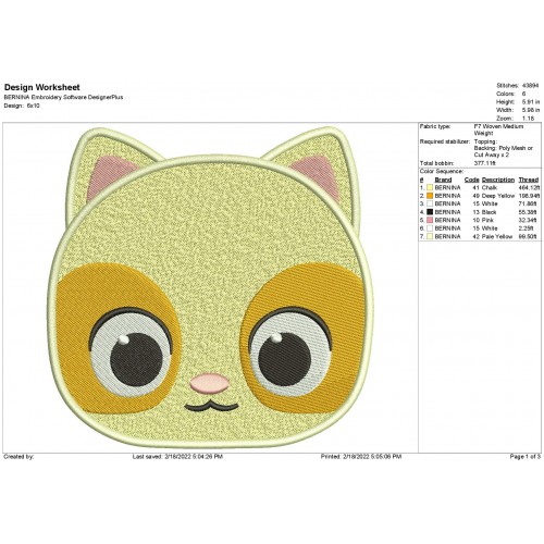 BabyBus Timi Cat Embroidery Design