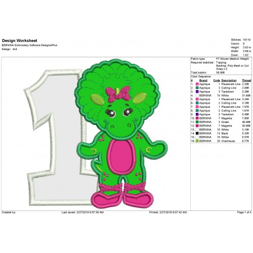 Baby Bop Number 1 Applique Design