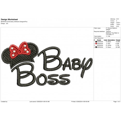 Baby Boss Girl Minni Embroidery Design