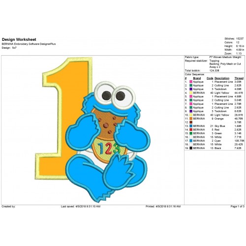 Baby Cookie Monster 1st Birthday Applique Design