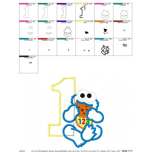 Baby Cookie Monster 1st Birthday Applique Design