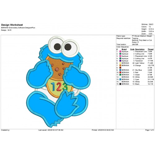 Baby Cookie Monster Sesame Applique Design