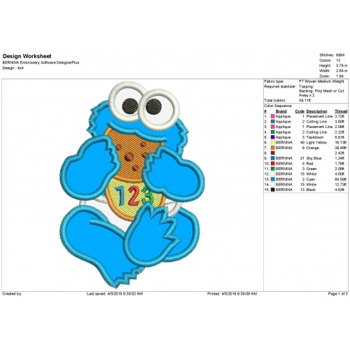 Baby Cookie Monster Sesame Applique Design