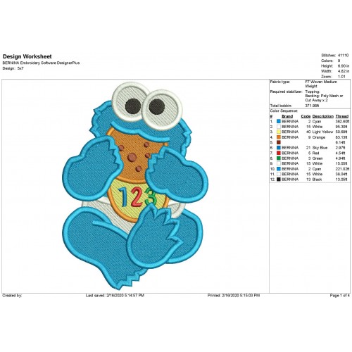 Baby Cookie Monster Sesame Filled Stitch Embroidery Design