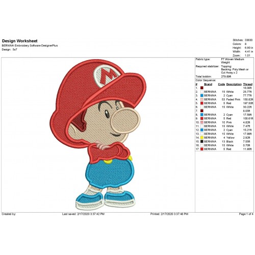 Baby Mario Filled Stitch Embroidery Design