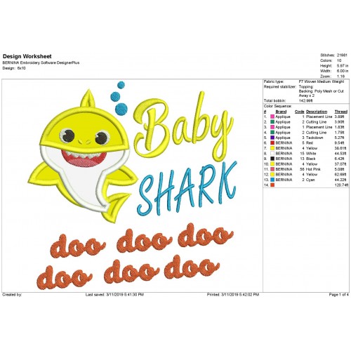 Baby Shark Applique Shark Family doo doo Applique Design