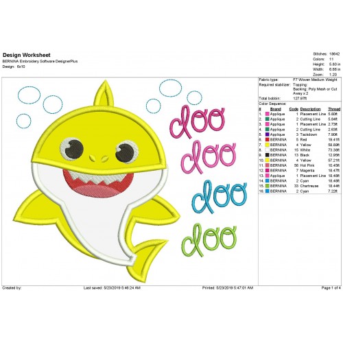 Baby Shark Doo Doo Doo Applique Design