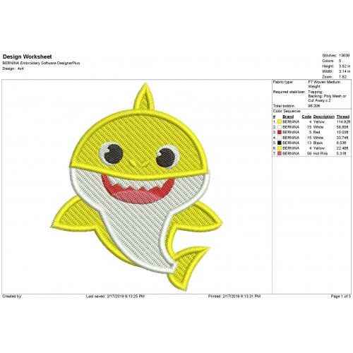 Baby Shark Filled Embroidery Design