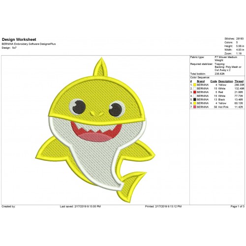 Baby Shark Filled Embroidery Design